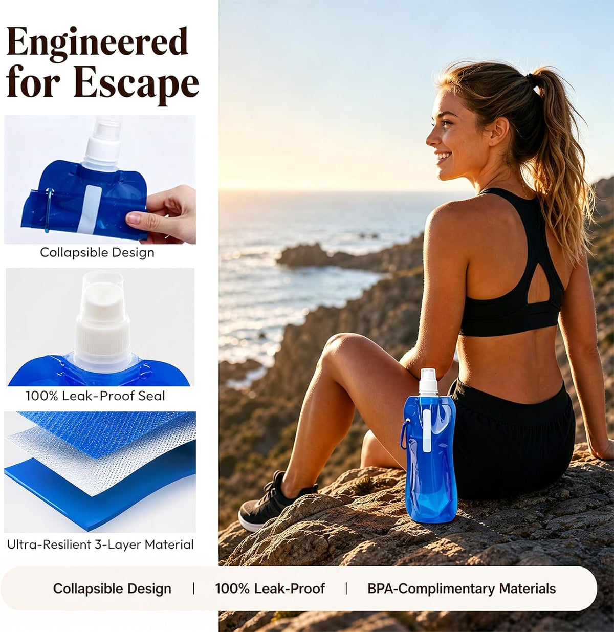 4 Pack Collapsible Water Bottles for Travel – 16oz Foldable Water Bottle with Carabiner,Leakproof Lid, 480ML Portable Reusable BPA-Free Water Bottle for Hiking,Sports,Camping,Biking
