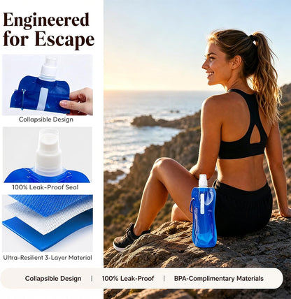 4 Pack Collapsible Water Bottles for Travel – 16oz Foldable Water Bottle with Carabiner,Leakproof Lid, 480ML Portable Reusable BPA-Free Water Bottle for Hiking,Sports,Camping,Biking