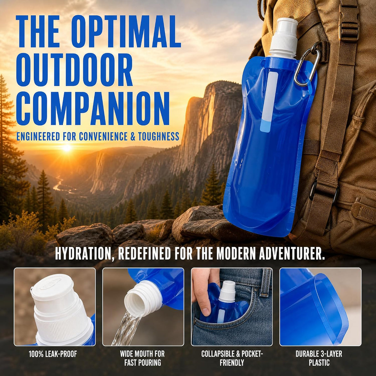 4 Pack Collapsible Water Bottles for Travel – 16oz Foldable Water Bottle with Carabiner,Leakproof Lid, 480ML Portable Reusable BPA-Free Water Bottle for Hiking,Sports,Camping,Biking