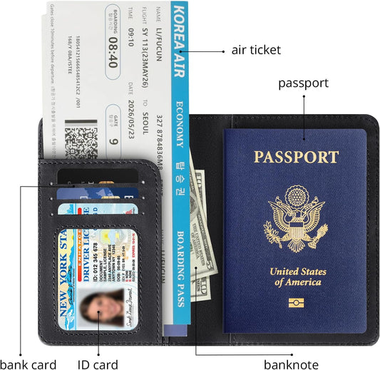 Passport Holder for Travel Essentials, RFID Blocking Passport Cover Wallet Card Case for Women and Men, PU Leather, Black