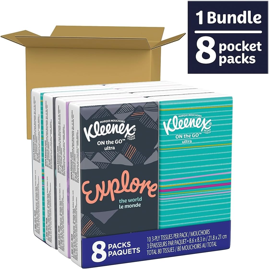 Kleenex 46651 On The Go Packs Facial Tissues, 3-Ply, White, 10 Sheets/Pouch, 8 Pouches/Pack