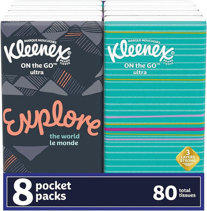 Kleenex 46651 On The Go Packs Facial Tissues, 3-Ply, White, 10 Sheets/Pouch, 8 Pouches/Pack