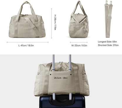 Gym Bag for Women, Carry on Weekender Overnight Bag, Travel Duffel Bags with Trolley Sleeve, Personal Item Travel Bag Tote Bag Workout Dance Bag, Beige-M