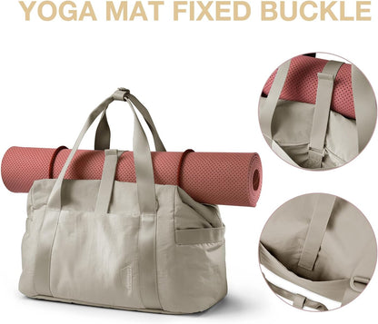 Gym Bag for Women, Carry on Weekender Overnight Bag, Travel Duffel Bags with Trolley Sleeve, Personal Item Travel Bag Tote Bag Workout Dance Bag, Beige-M