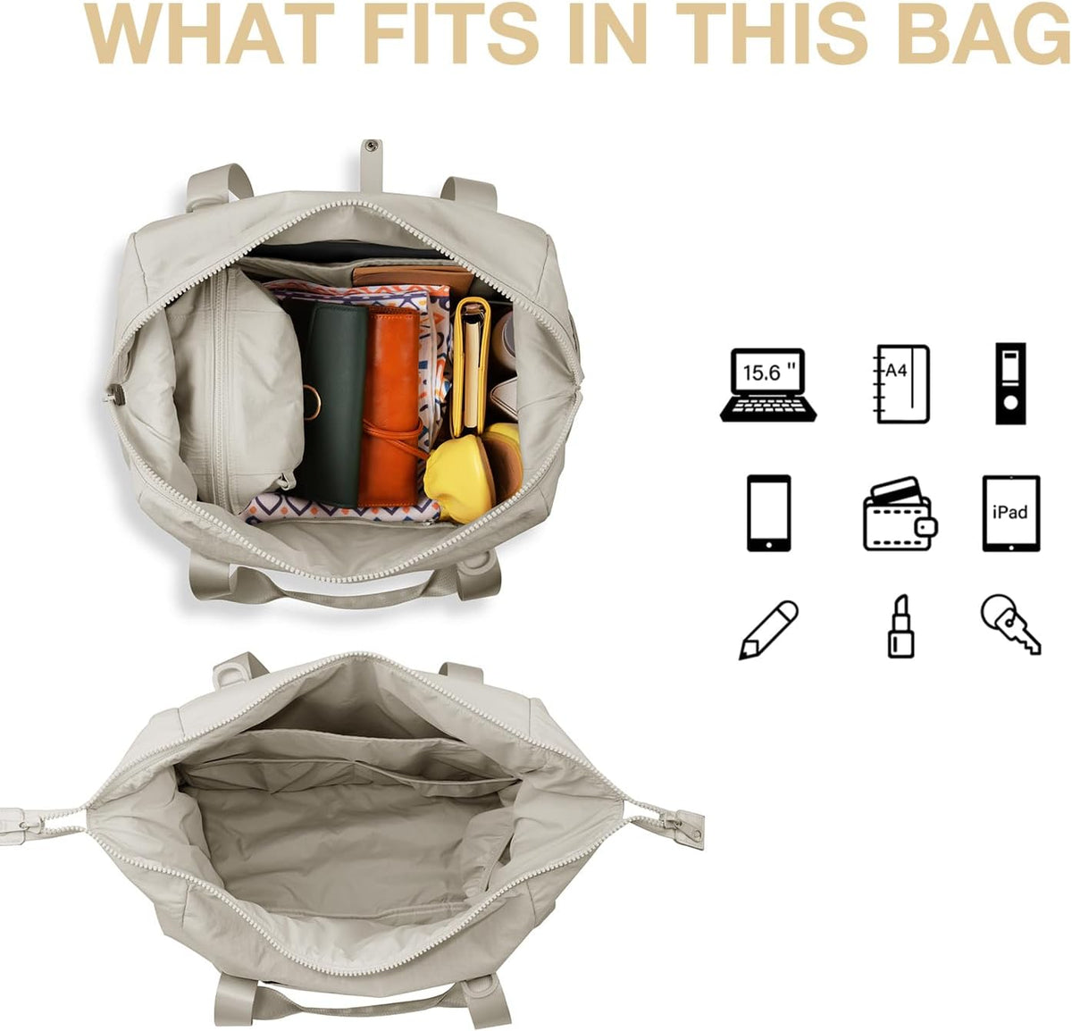 Gym Bag for Women, Carry on Weekender Overnight Bag, Travel Duffel Bags with Trolley Sleeve, Personal Item Travel Bag Tote Bag Workout Dance Bag, Beige-M
