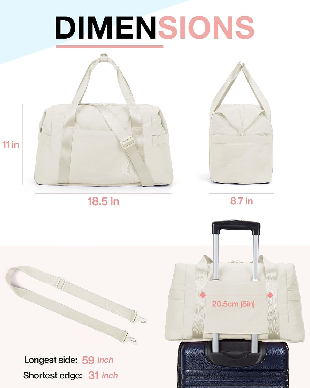 Gym Bag for Women, Carry on Weekender Overnight Bag, Travel Duffel Bags with Trolley Sleeve, Personal Item Travel Bag Tote Bag Workout Dance Bag, Beige-M