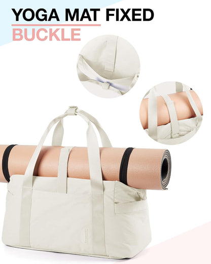 Gym Bag for Women, Carry on Weekender Overnight Bag, Travel Duffel Bags with Trolley Sleeve, Personal Item Travel Bag Tote Bag Workout Dance Bag, Beige-M