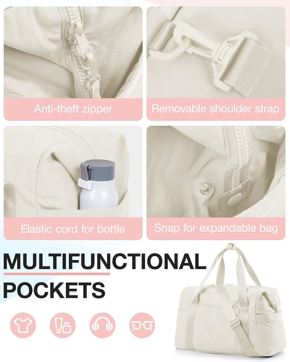 Gym Bag for Women, Carry on Weekender Overnight Bag, Travel Duffel Bags with Trolley Sleeve, Personal Item Travel Bag Tote Bag Workout Dance Bag, Beige-M