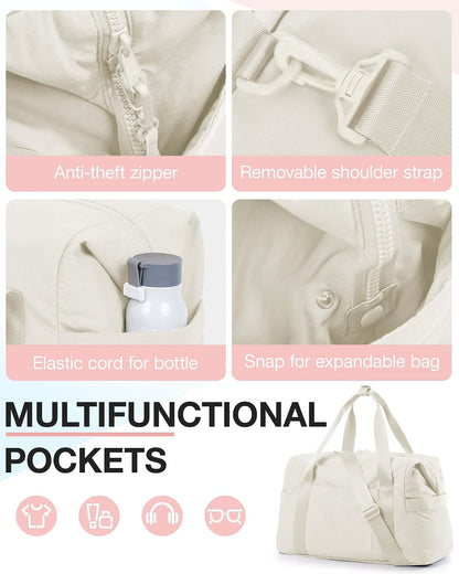 Gym Bag for Women, Carry on Weekender Overnight Bag, Travel Duffel Bags with Trolley Sleeve, Personal Item Travel Bag Tote Bag Workout Dance Bag, Beige-M