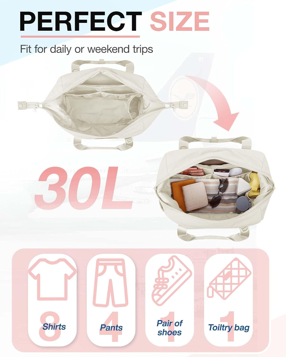 Gym Bag for Women, Carry on Weekender Overnight Bag, Travel Duffel Bags with Trolley Sleeve, Personal Item Travel Bag Tote Bag Workout Dance Bag, Beige-M