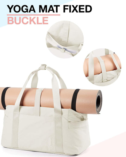 Gym Bag for Women, Carry on Weekender Overnight Bag, Travel Duffel Bags with Trolley Sleeve, Personal Item Travel Bag Tote Bag Workout Dance Bag, Beige-M