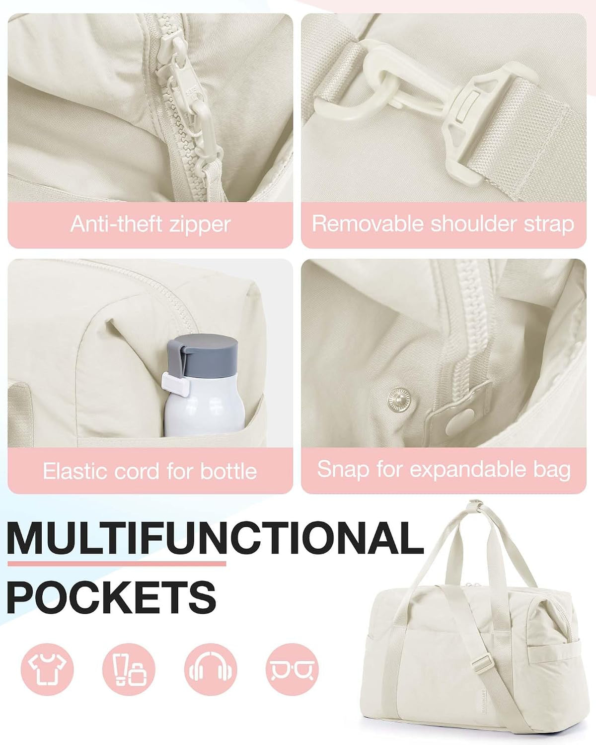 Gym Bag for Women, Carry on Weekender Overnight Bag, Travel Duffel Bags with Trolley Sleeve, Personal Item Travel Bag Tote Bag Workout Dance Bag, Beige-M