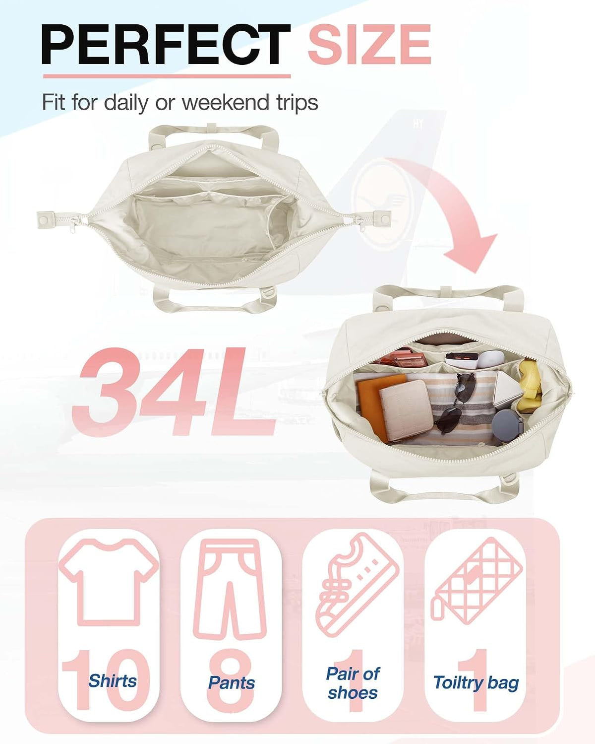 Gym Bag for Women, Carry on Weekender Overnight Bag, Travel Duffel Bags with Trolley Sleeve, Personal Item Travel Bag Tote Bag Workout Dance Bag, Beige-M