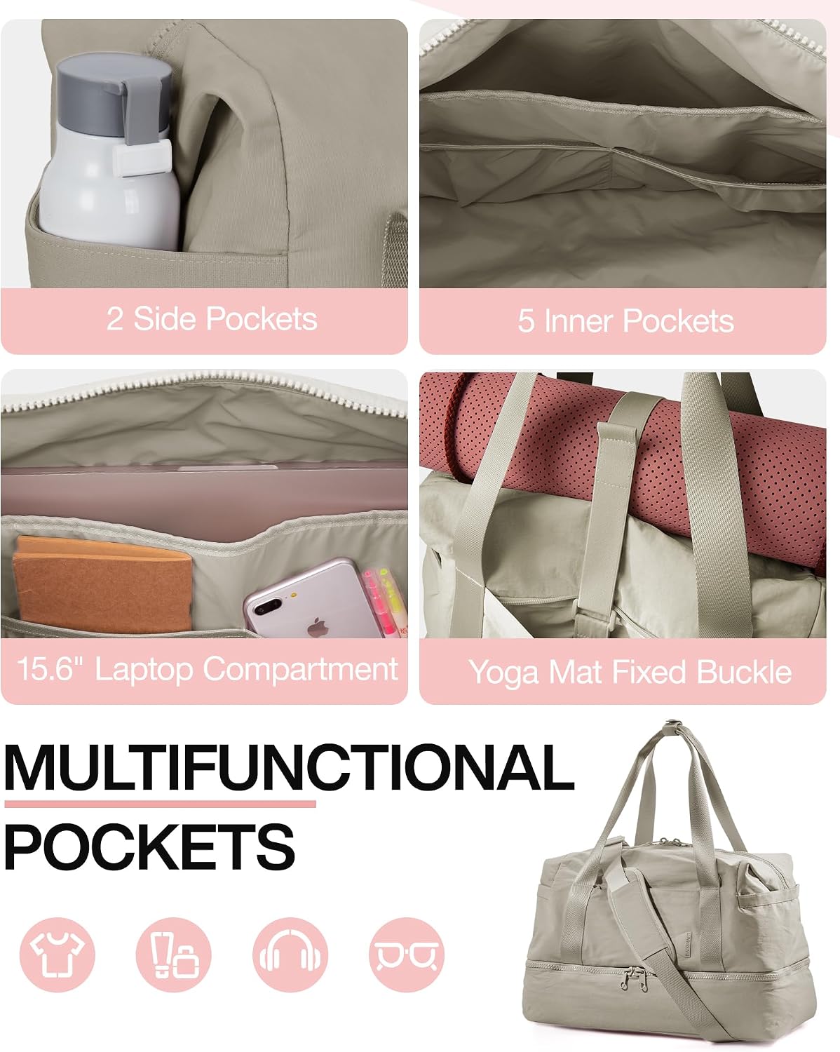 Gym Bag for Women, Carry on Weekender Overnight Bag, Travel Duffel Bags with Trolley Sleeve, Personal Item Travel Bag Tote Bag Workout Dance Bag, Beige-M