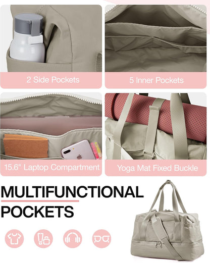 Gym Bag for Women, Carry on Weekender Overnight Bag, Travel Duffel Bags with Trolley Sleeve, Personal Item Travel Bag Tote Bag Workout Dance Bag, Beige-M