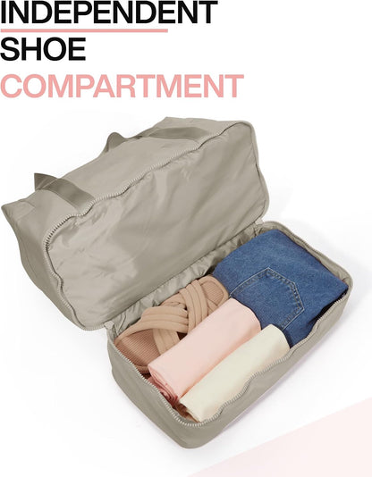 Gym Bag for Women, Carry on Weekender Overnight Bag, Travel Duffel Bags with Trolley Sleeve, Personal Item Travel Bag Tote Bag Workout Dance Bag, Beige-M