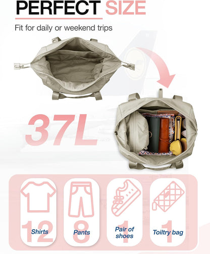 Gym Bag for Women, Carry on Weekender Overnight Bag, Travel Duffel Bags with Trolley Sleeve, Personal Item Travel Bag Tote Bag Workout Dance Bag, Beige-M