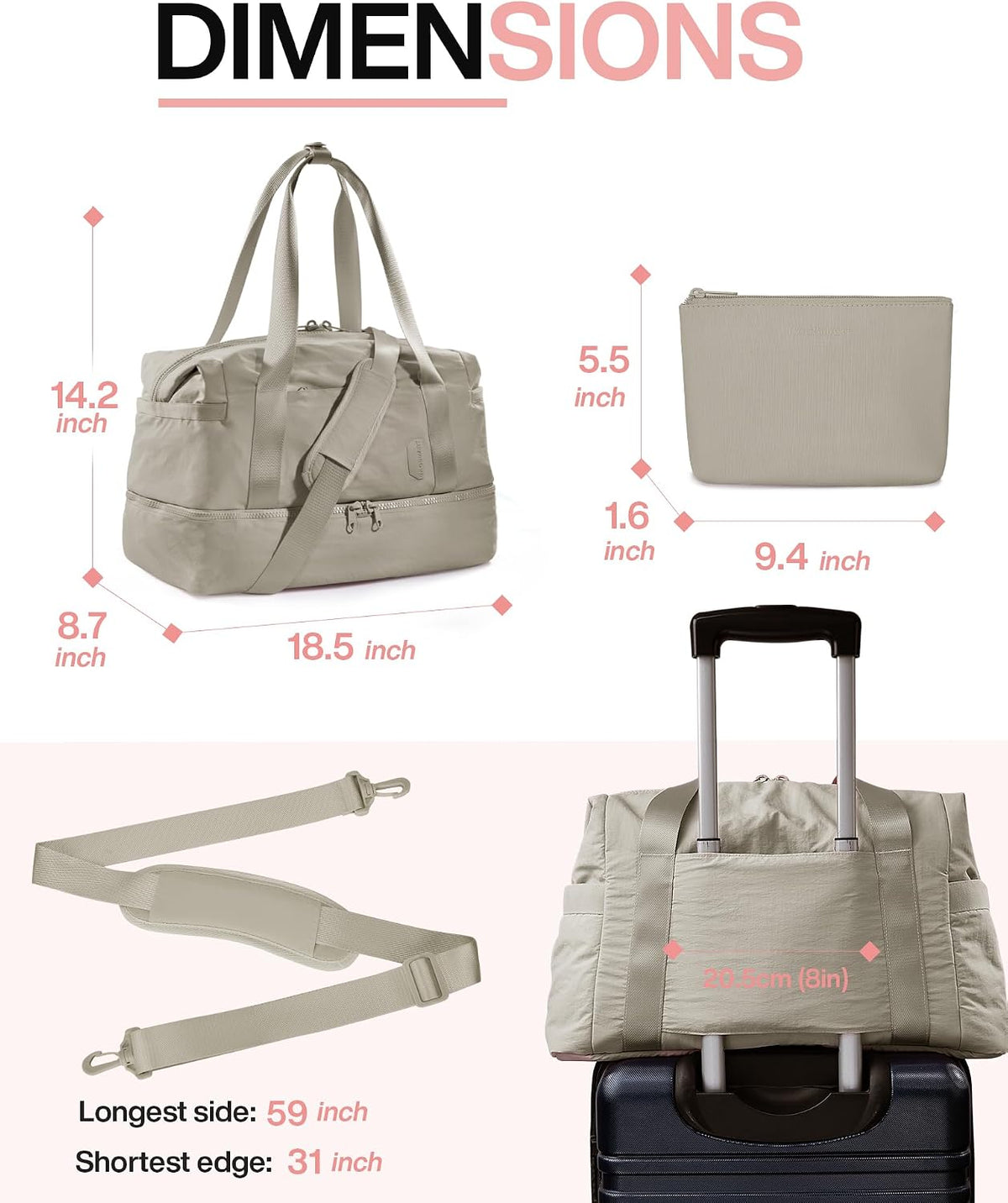 Gym Bag for Women, Carry on Weekender Overnight Bag, Travel Duffel Bags with Trolley Sleeve, Personal Item Travel Bag Tote Bag Workout Dance Bag, Beige-M