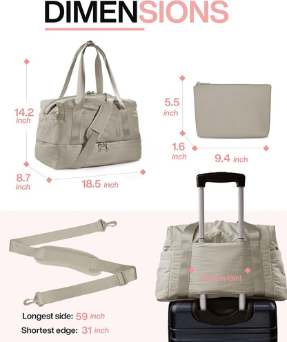 Gym Bag for Women, Carry on Weekender Overnight Bag, Travel Duffel Bags with Trolley Sleeve, Personal Item Travel Bag Tote Bag Workout Dance Bag, Beige-M