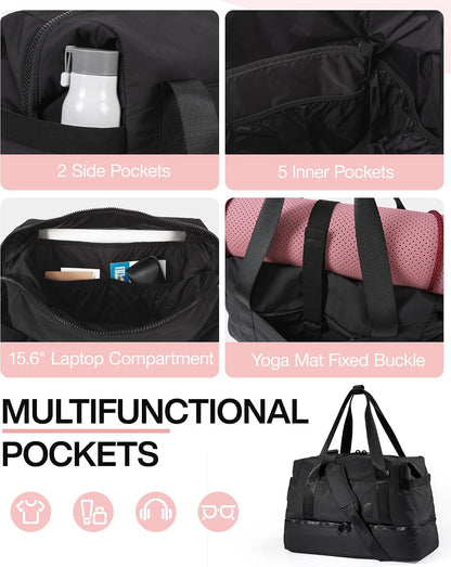 Gym Bag for Women, Carry on Weekender Overnight Bag, Travel Duffel Bags with Trolley Sleeve, Personal Item Travel Bag Tote Bag Workout Dance Bag, Beige-M