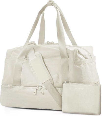 Gym Bag for Women, Carry on Weekender Overnight Bag, Travel Duffel Bags with Trolley Sleeve, Personal Item Travel Bag Tote Bag Workout Dance Bag, Beige-M