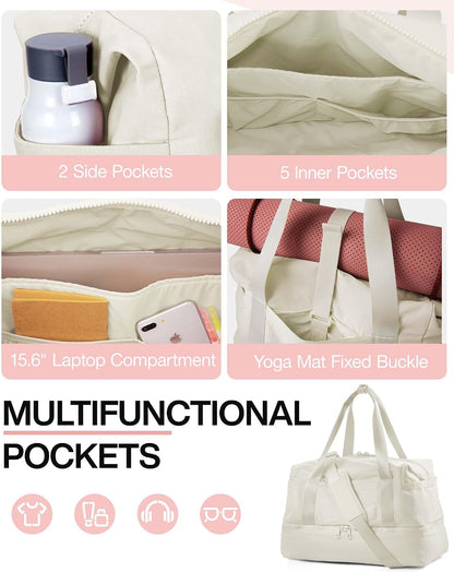 Gym Bag for Women, Carry on Weekender Overnight Bag, Travel Duffel Bags with Trolley Sleeve, Personal Item Travel Bag Tote Bag Workout Dance Bag, Beige-M