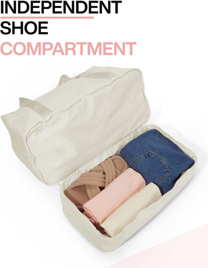 Gym Bag for Women, Carry on Weekender Overnight Bag, Travel Duffel Bags with Trolley Sleeve, Personal Item Travel Bag Tote Bag Workout Dance Bag, Beige-M