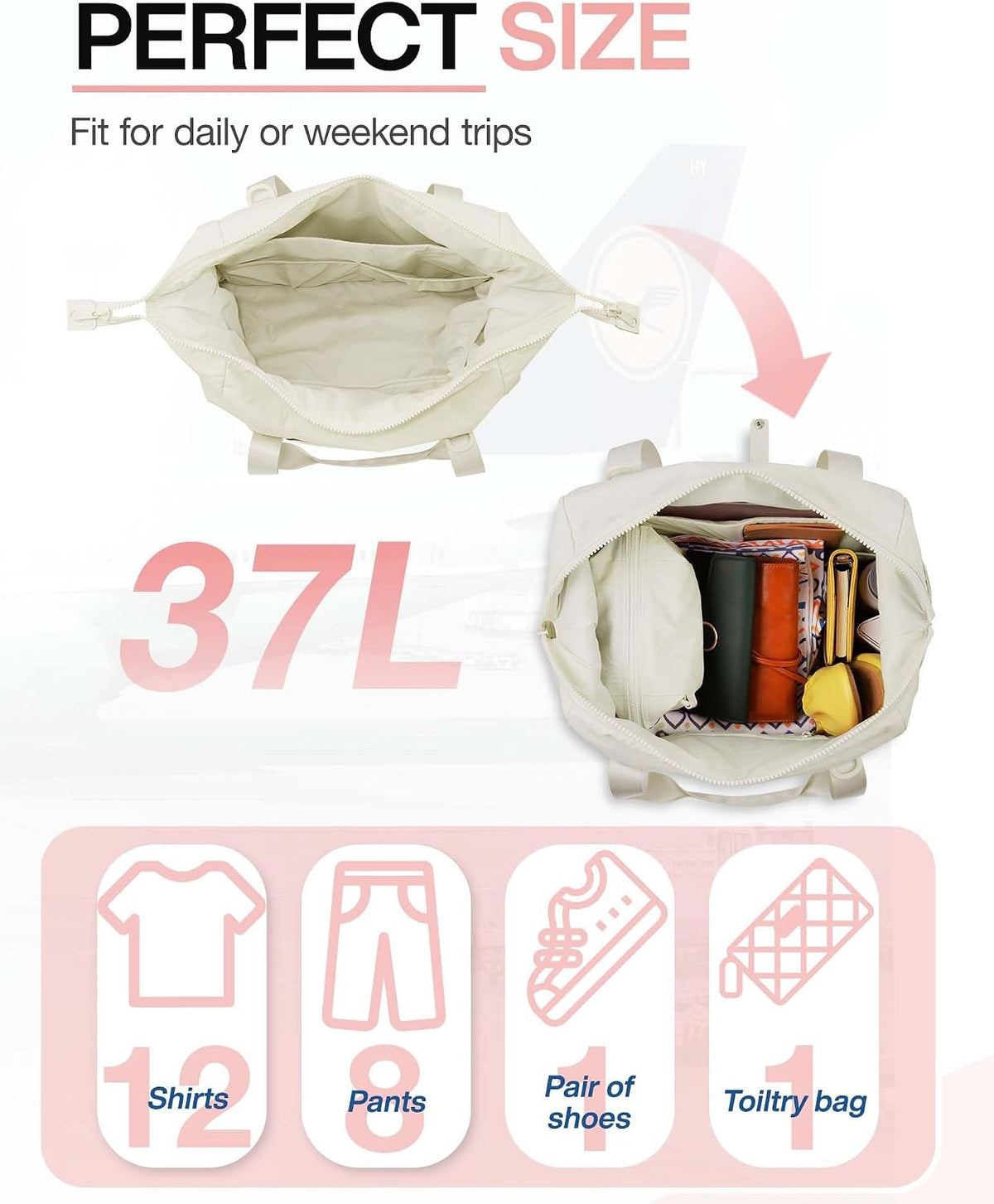 Gym Bag for Women, Carry on Weekender Overnight Bag, Travel Duffel Bags with Trolley Sleeve, Personal Item Travel Bag Tote Bag Workout Dance Bag, Beige-M