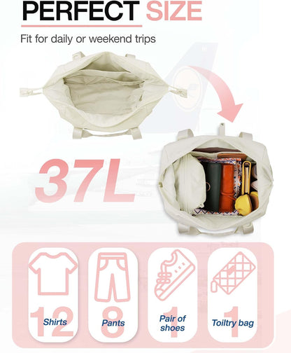 Gym Bag for Women, Carry on Weekender Overnight Bag, Travel Duffel Bags with Trolley Sleeve, Personal Item Travel Bag Tote Bag Workout Dance Bag, Beige-M