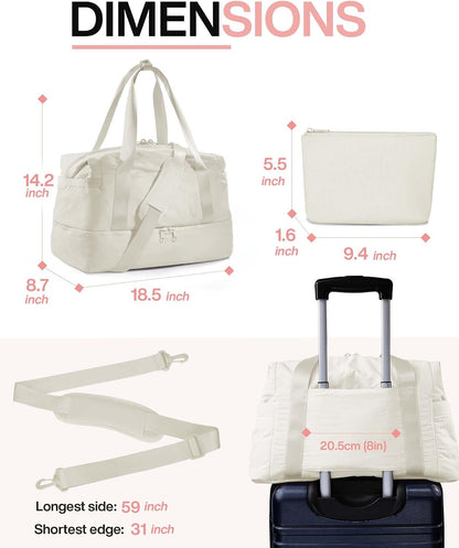 Gym Bag for Women, Carry on Weekender Overnight Bag, Travel Duffel Bags with Trolley Sleeve, Personal Item Travel Bag Tote Bag Workout Dance Bag, Beige-M