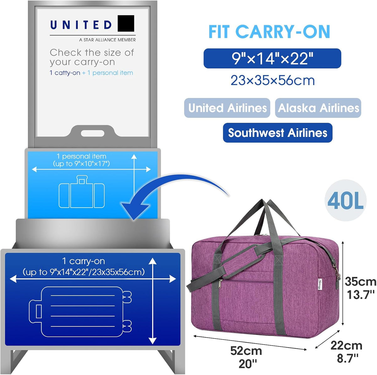 Carry on Luggage 22x14x9 Airline Approved Foldable Duffle Bag for Travel Packable Duffel Bag for Traveling Airplane for Women and Men 40L (Black (With Shoulder Strap))