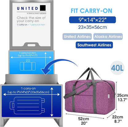 Carry on Luggage 22x14x9 Airline Approved Foldable Duffle Bag for Travel Packable Duffel Bag for Traveling Airplane for Women and Men 40L (Black (With Shoulder Strap))