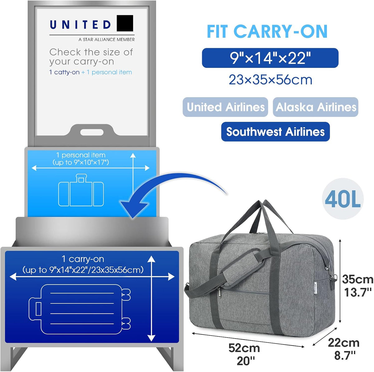 Carry on Luggage 22x14x9 Airline Approved Foldable Duffle Bag for Travel Packable Duffel Bag for Traveling Airplane for Women and Men 40L (Black (With Shoulder Strap))
