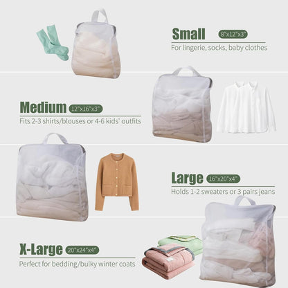 4Pcs 3D Mesh Laundry Bags with Hanging Handles (S/M/L/XL) - Durable Zippered Wash Bags for Delicates, Shoes & Bulk Clothes - Space-Saving Foldable Design