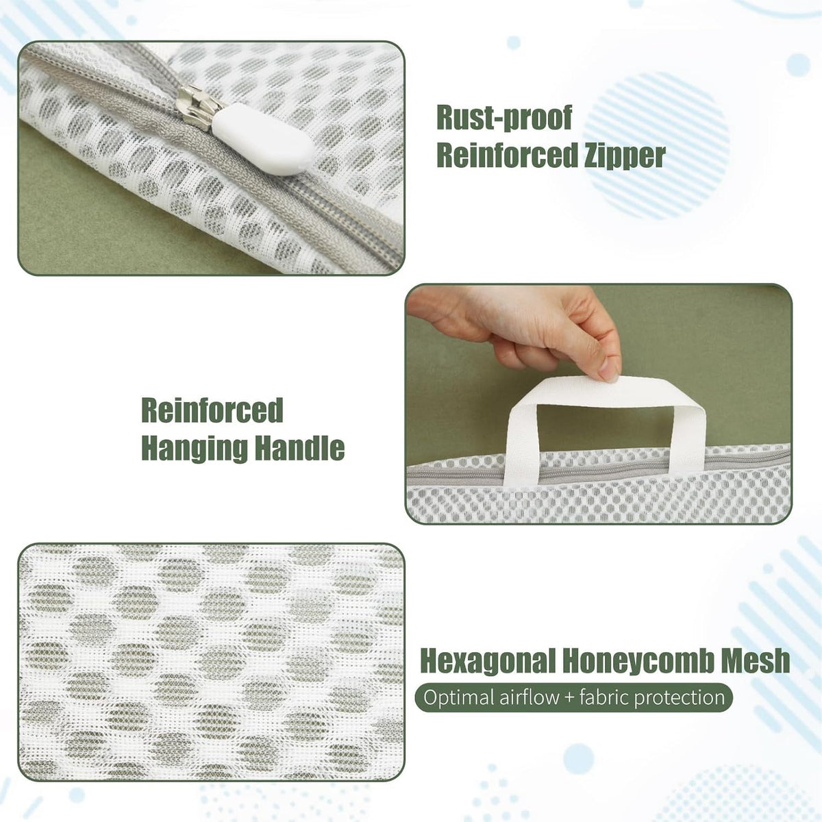 4Pcs 3D Mesh Laundry Bags with Hanging Handles (S/M/L/XL) - Durable Zippered Wash Bags for Delicates, Shoes & Bulk Clothes - Space-Saving Foldable Design