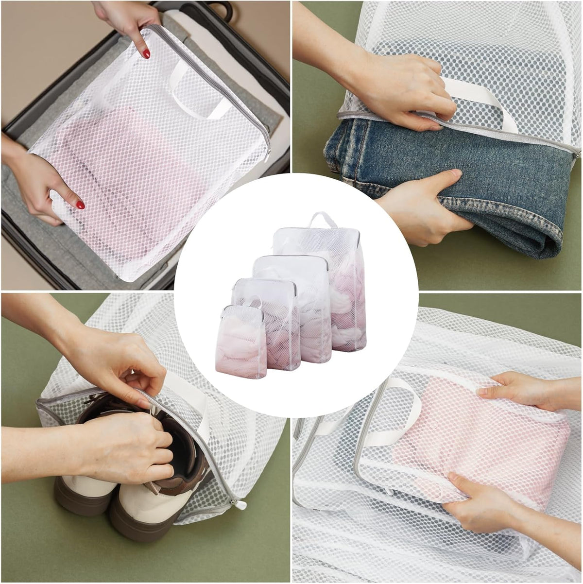 4Pcs 3D Mesh Laundry Bags with Hanging Handles (S/M/L/XL) - Durable Zippered Wash Bags for Delicates, Shoes & Bulk Clothes - Space-Saving Foldable Design