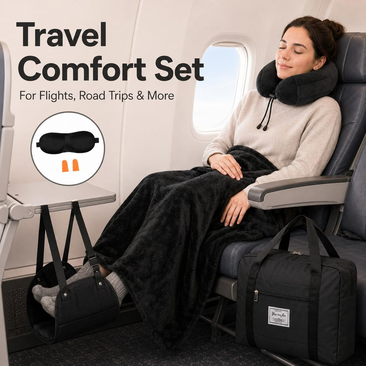 Travel Pillow and Blanket Set - Foot Hammock Rest Airplane Essentials, Pink