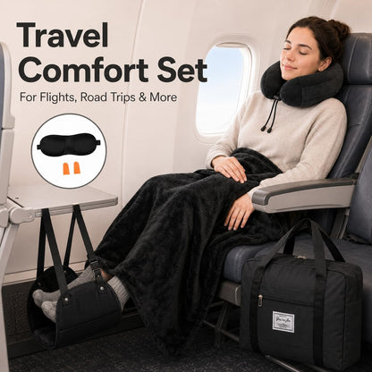 Travel Pillow and Blanket Set - Foot Hammock Rest Airplane Essentials, Pink