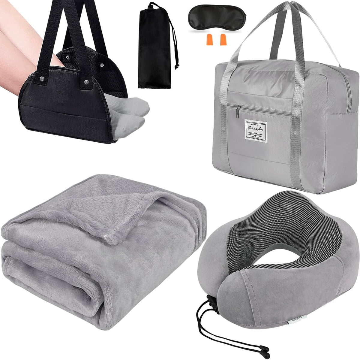 Travel Pillow and Blanket Set - Foot Hammock Rest Airplane Essentials, Pink