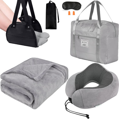 Travel Pillow and Blanket Set - Foot Hammock Rest Airplane Essentials, Pink