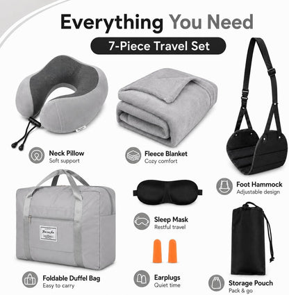 Travel Pillow and Blanket Set - Foot Hammock Rest Airplane Essentials, Pink