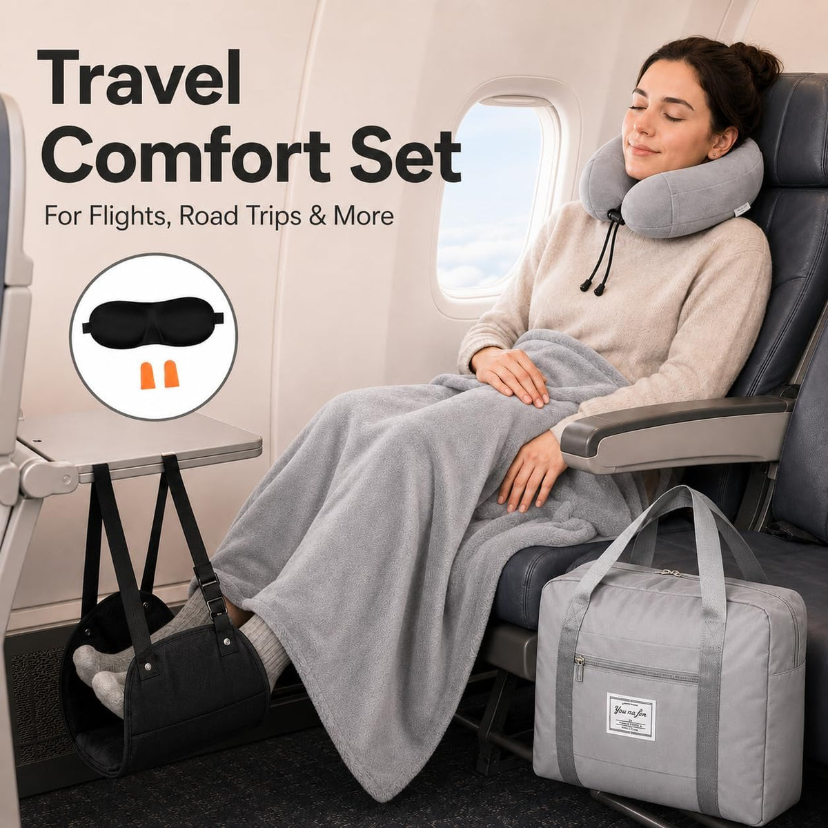 Travel Pillow and Blanket Set - Foot Hammock Rest Airplane Essentials, Pink