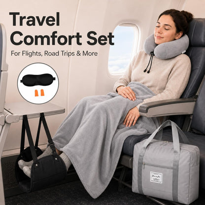 Travel Pillow and Blanket Set - Foot Hammock Rest Airplane Essentials, Pink