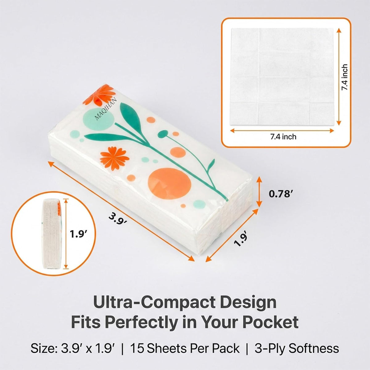 MAQIHAN 15PCS Travel Tissues - 3-Ply Pocket Tissue Packs, Purse tissues
