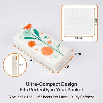 MAQIHAN 15PCS Travel Tissues - 3-Ply Pocket Tissue Packs, Purse tissues