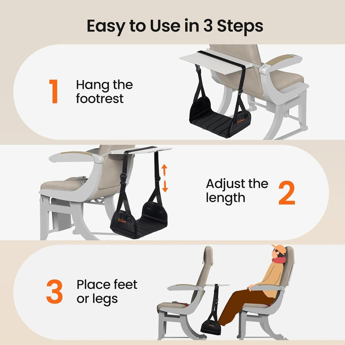 Airplane Foot Hammock with Wide Hardboard Support, Foot Hammock for Plane Travel with Extended Adjustment Strap, Portable Airplane Foot Rest Travel Essentials for Long Flight
