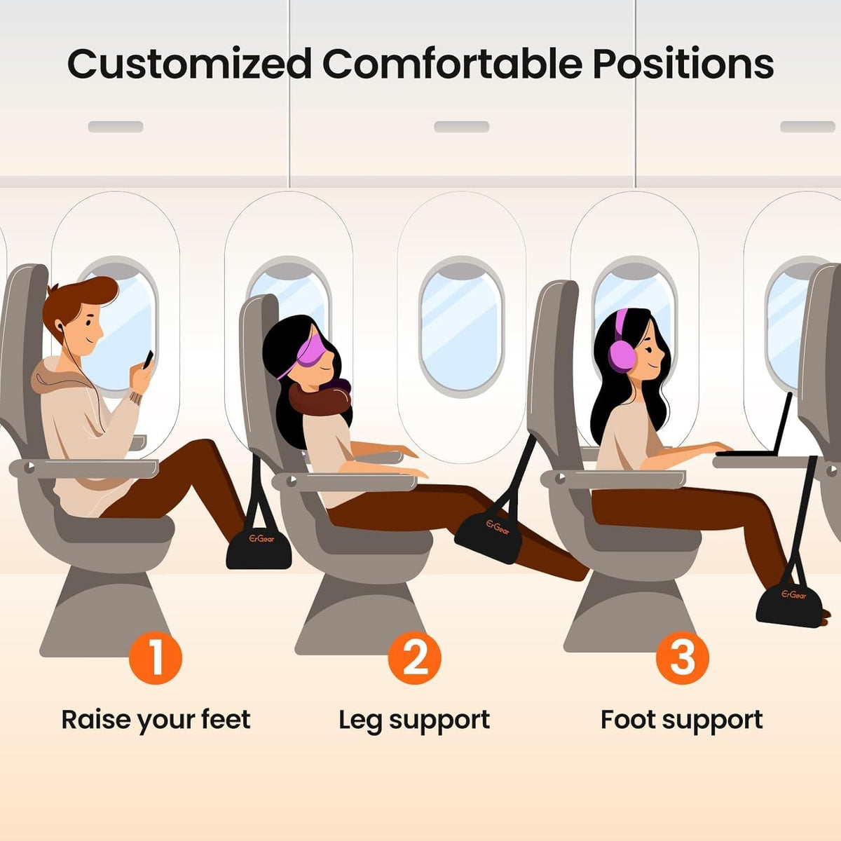Airplane Foot Hammock with Wide Hardboard Support, Foot Hammock for Plane Travel with Extended Adjustment Strap, Portable Airplane Foot Rest Travel Essentials for Long Flight