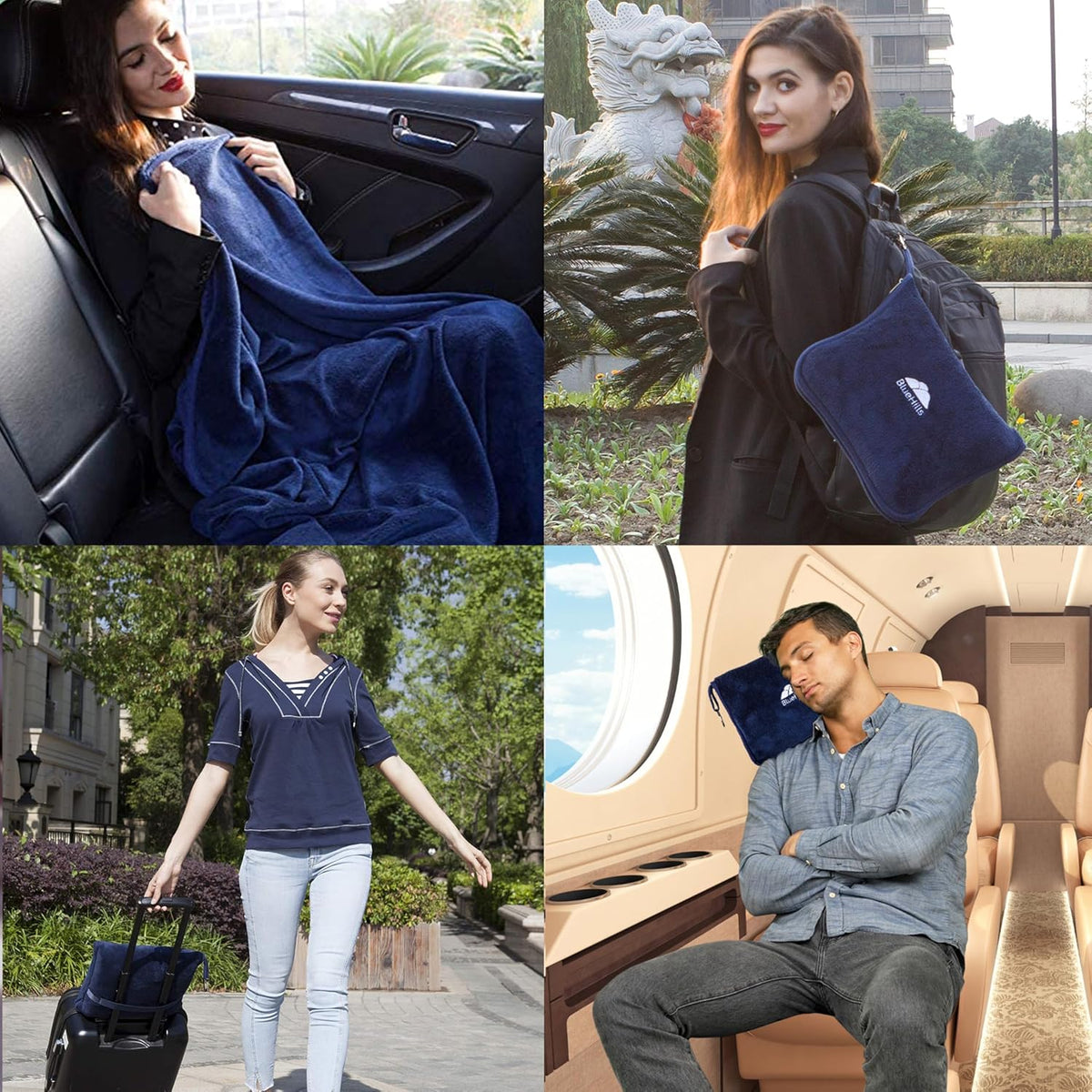 Premium Soft Travel Blanket Pillow Airplane Compact - Navy Blue