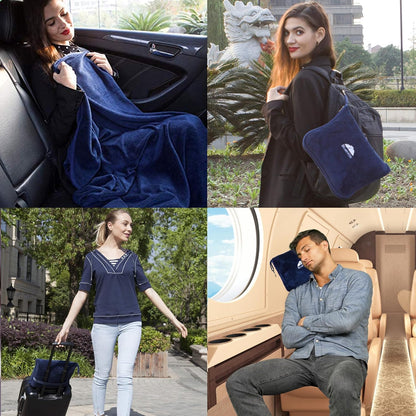 Premium Soft Travel Blanket Pillow Airplane Compact - Navy Blue