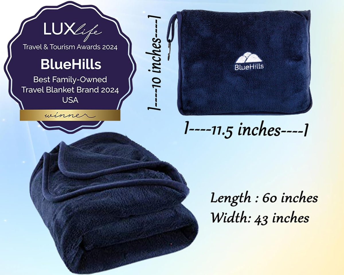 Premium Soft Travel Blanket Pillow Airplane Compact - Navy Blue